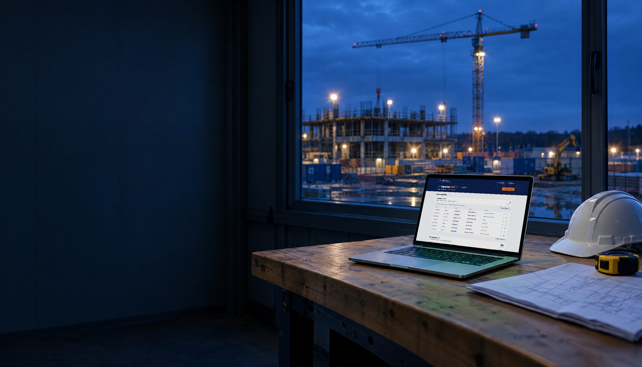 Een laptop op een werkbank in een bouwkeet in het blauwe uur, met het beheerscherm van de uren-app die wij voor CGM Projects bouwden: de registraties van september per medewerker en per project. Buiten een bouwplaats met een kraan.